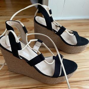 Raye espadrille black and cream wedges